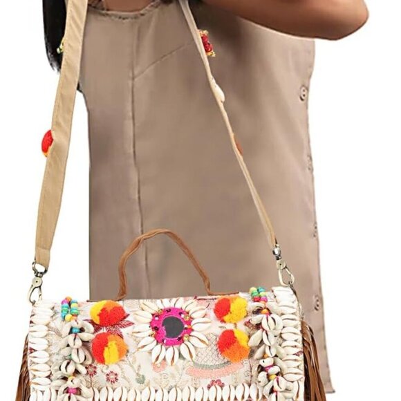 Convertible Floral Embroidered Crossbody Clutch with Leather Fringe - 12" x 6" - Picture 5 of 9
